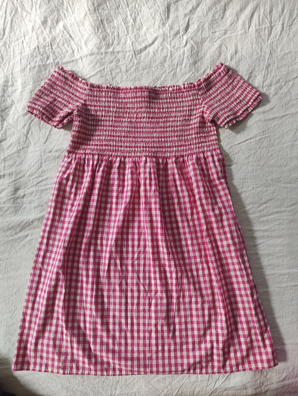 Boston Proper Pink Gingham Off-Shoulder Smocked Dress Large Cotton